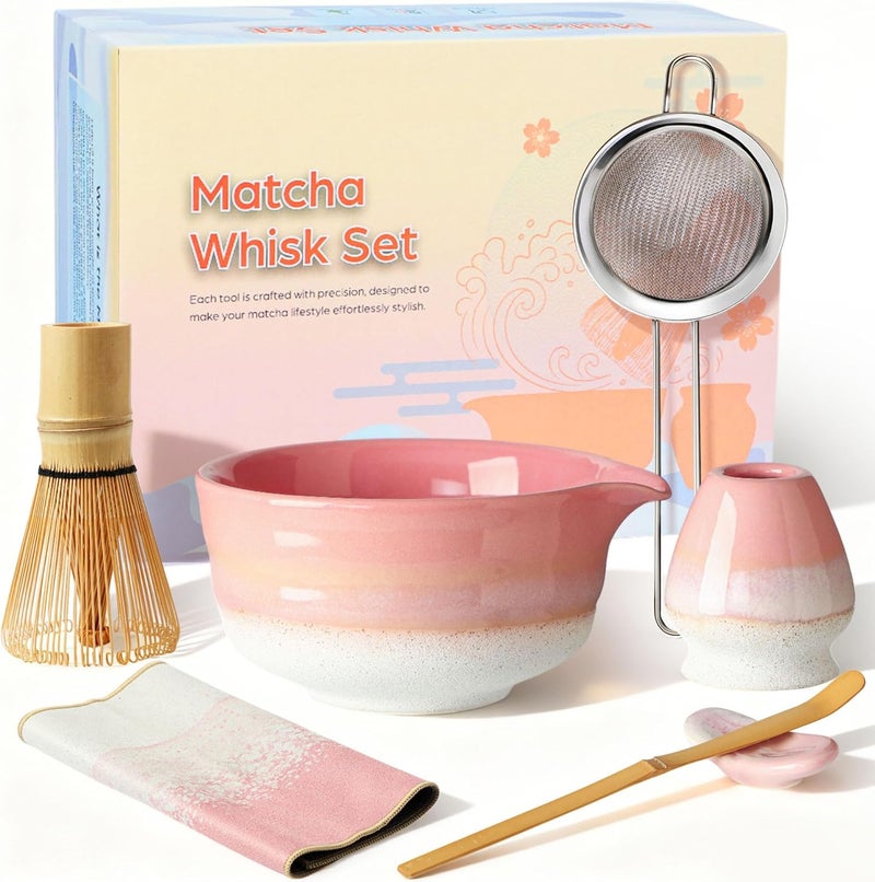 GBBG Matcha Whisk Set, Ceramic Matcha Kit Desert Style, Matcha Whisk and Bowl, Bamboo Scoop and Rest, Sifter and Tea Towel, 7 Pcs Gifts for Matcha Lover - Pink - Image 1